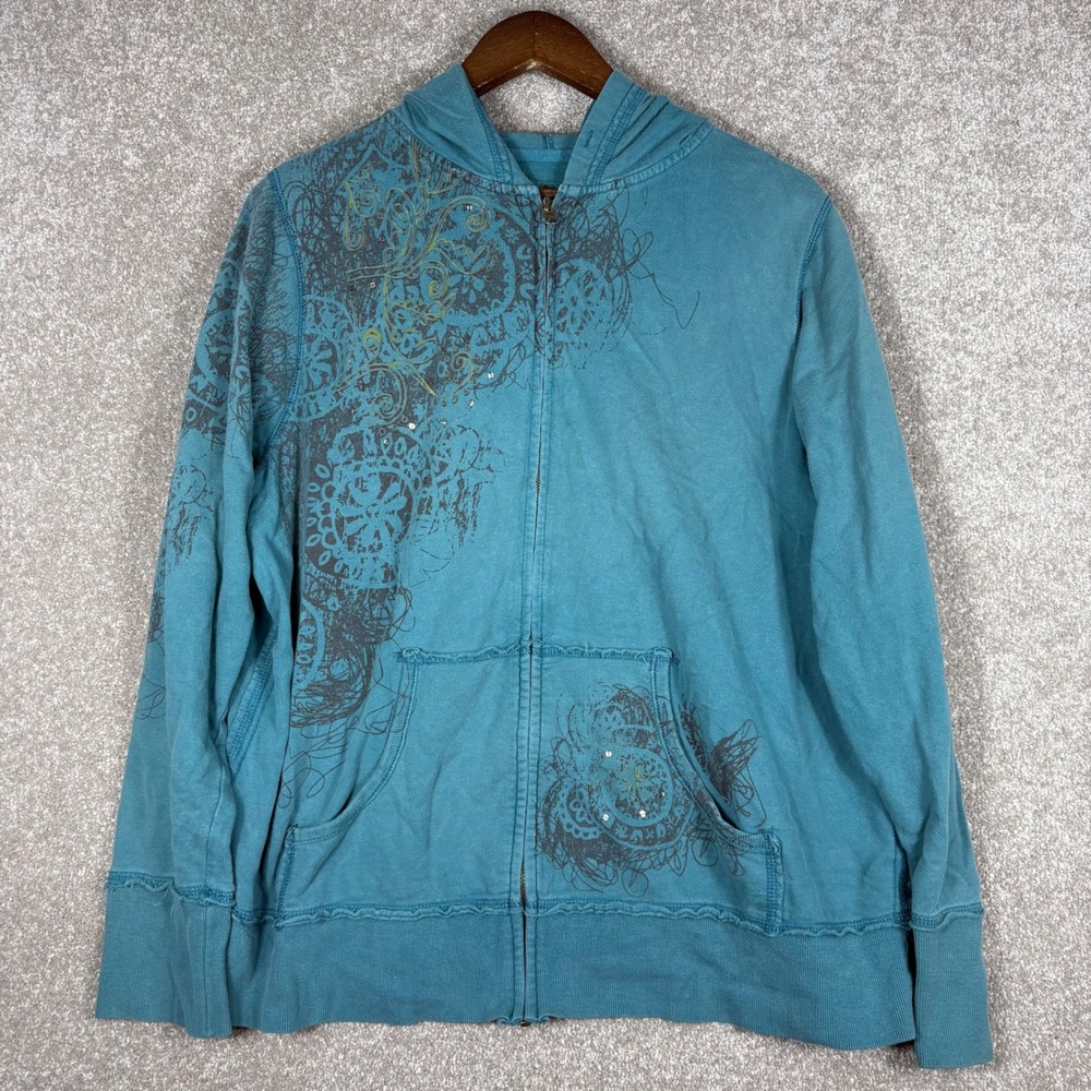 Maurices Teal Blue Grunge Graphic Zip Up Hoodie Rhinestone Cotton Size 2